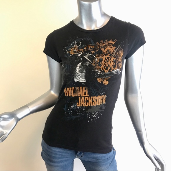 Women's Small-XS MICHAEL JACKSON Black Fitted T-Shirt “King of Pop”. - Picture 2 of 13